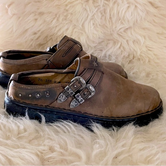 Double H Tan Leather Silver Double Buckle Studded Ankle Boots Mules - Picture 2 of 10